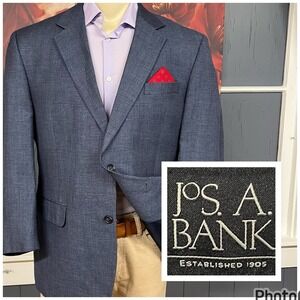 Jos A Bank 👉Altered👈 Wool Linen Blazer Mens 43R Navy Plaid